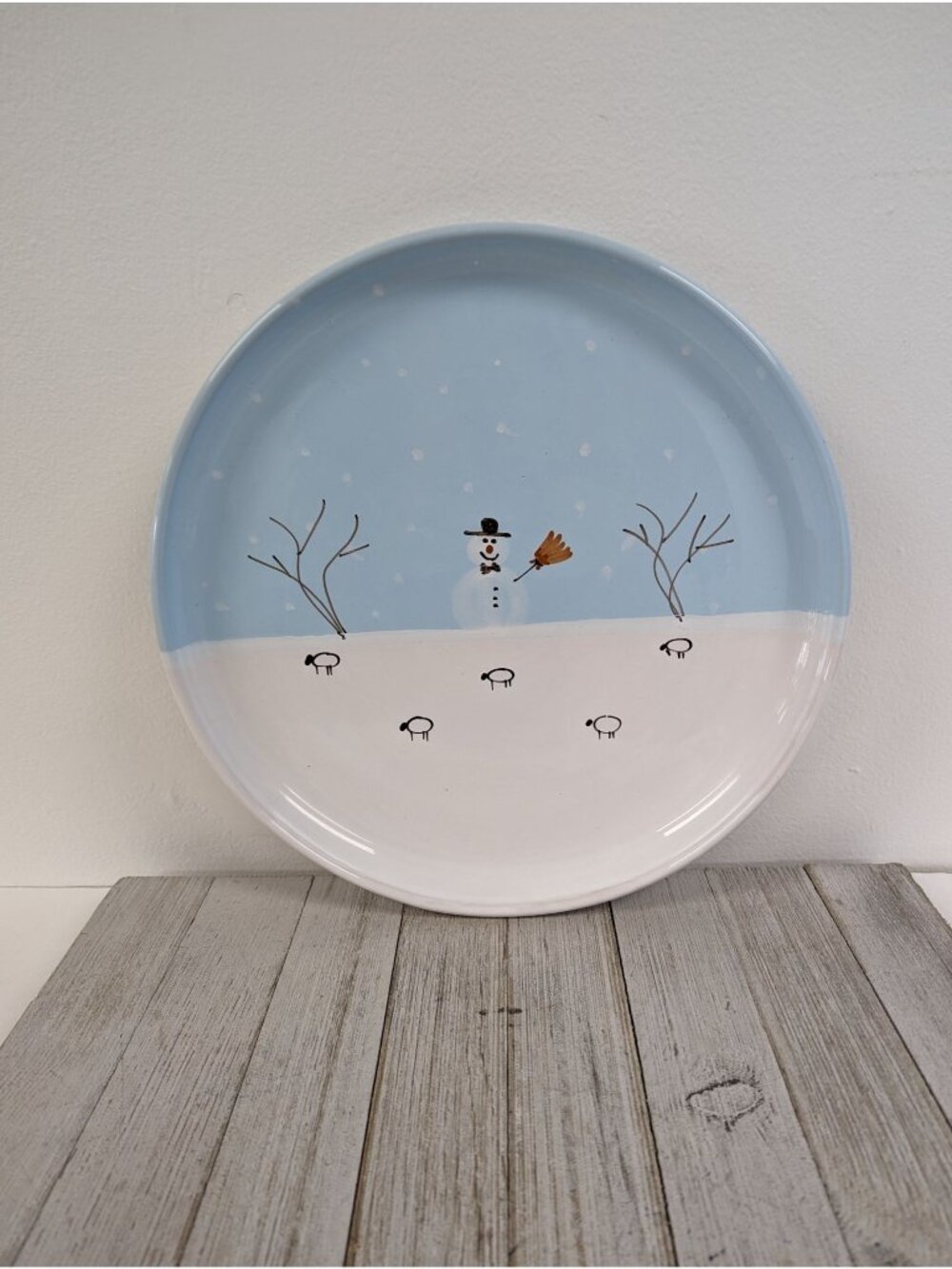 Grottaglie Ceramic Pottery Dinnerware Snowman Serving Platter Vintage 12" Blue